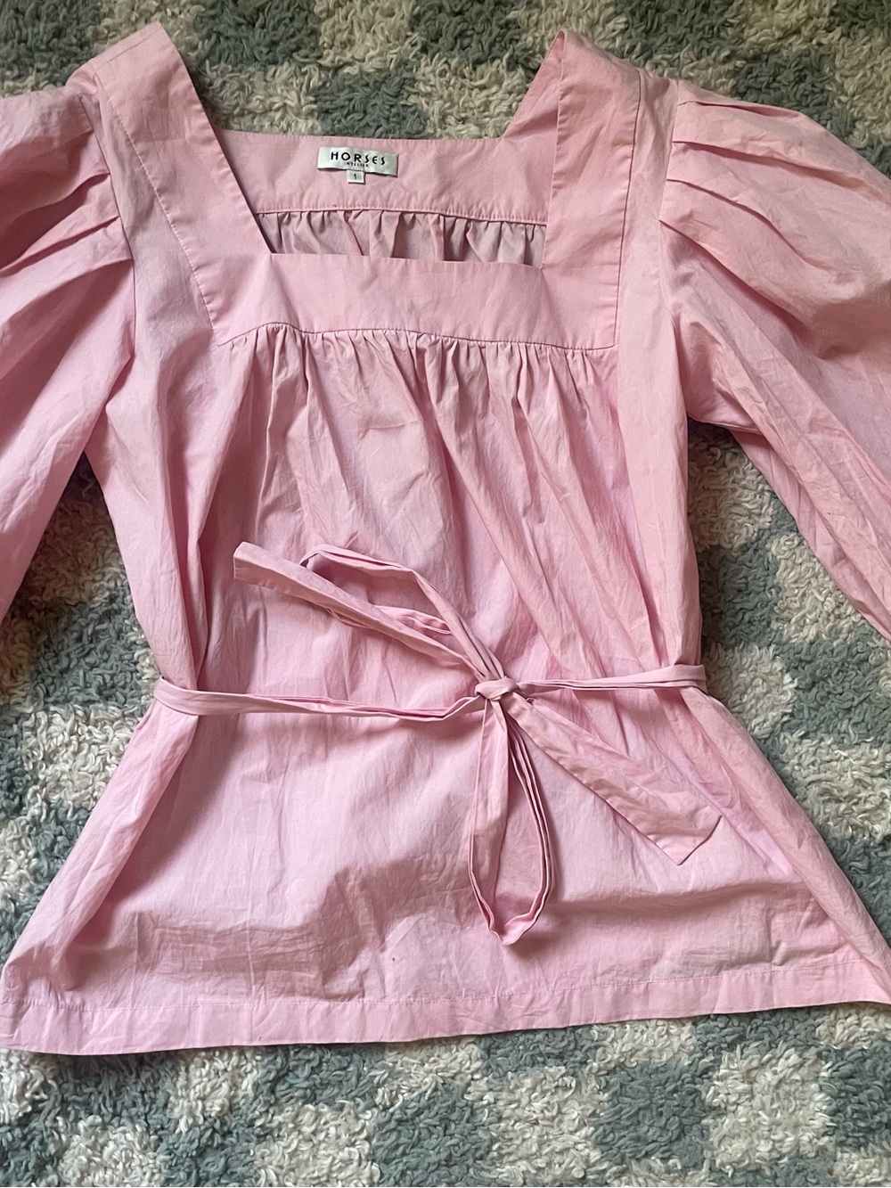 HORSES ATELIER Pink Square-Neck Puff Sleeve Tie-Waist Top